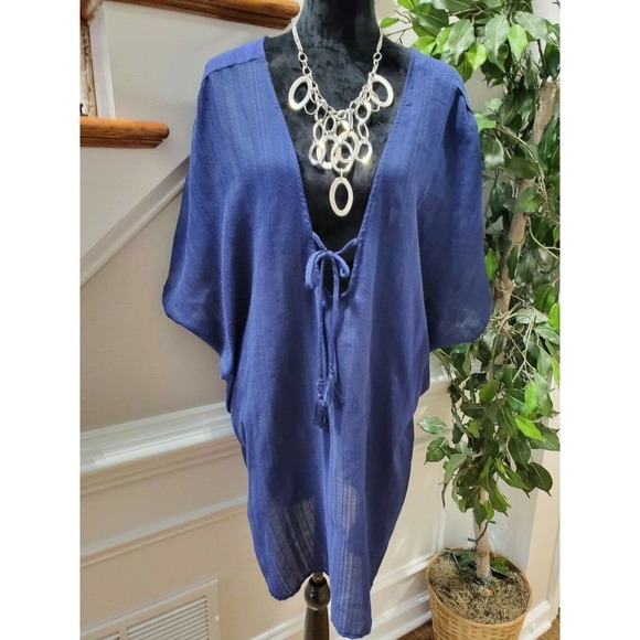 Kona Sol Women's Solid Blue Polyester V-Neck Short Sleeve Blouse Size X-Large - Picture 1 of 12
